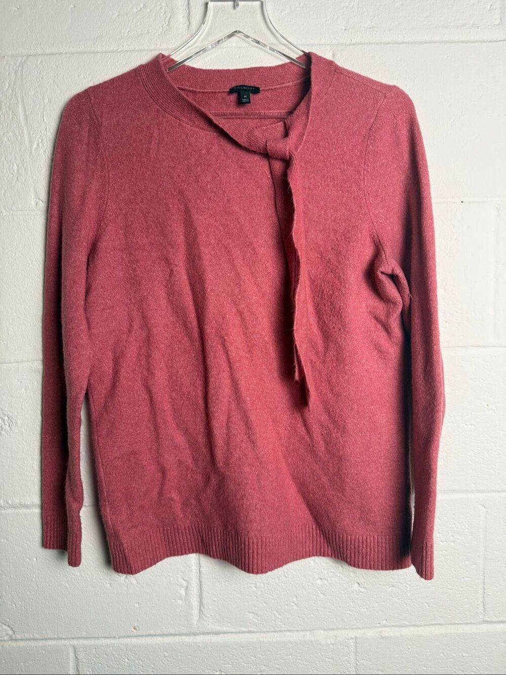 Talbots Pink Tie Neck Sweater Medium Long Sleeve Knit Pullover Soft Stretch